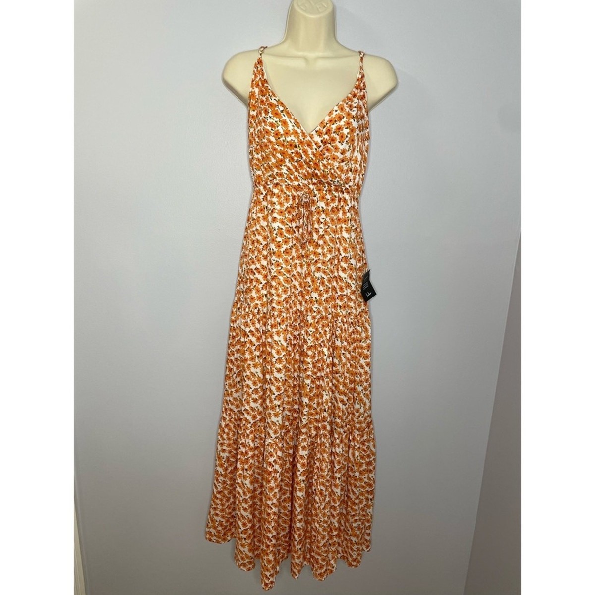 forever new orange floral dress Lulu's Forever Blooming Orange Floral Print Tiered Maxi Dress V Neck Wrap  XS New