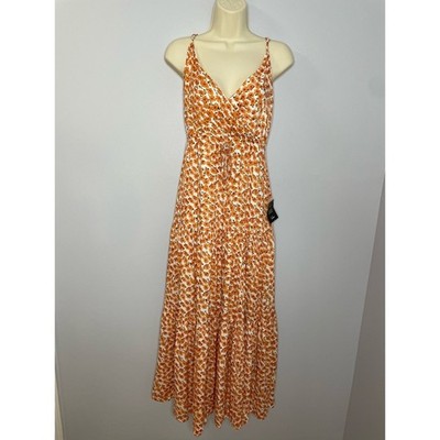 Lulu s Forever Blooming Orange Floral Print Tiered Maxi Dress V Neck Wrap XS New