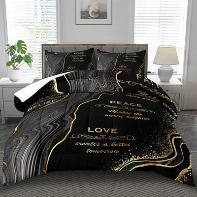 Black and Gold Marble Comforter Set Queen - Gothic Vintage Bedding Decor
