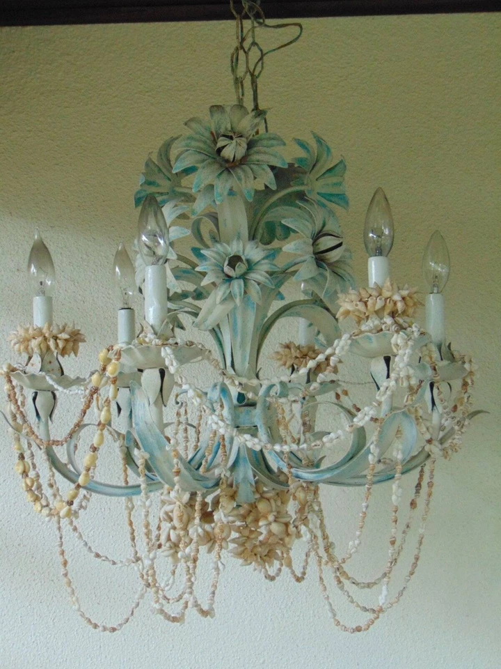 LÁMPARA TOLE ITALIANA VINTAGE 6 brazos flores de metal pintadas con caracoles encordados Foto 2 de 4