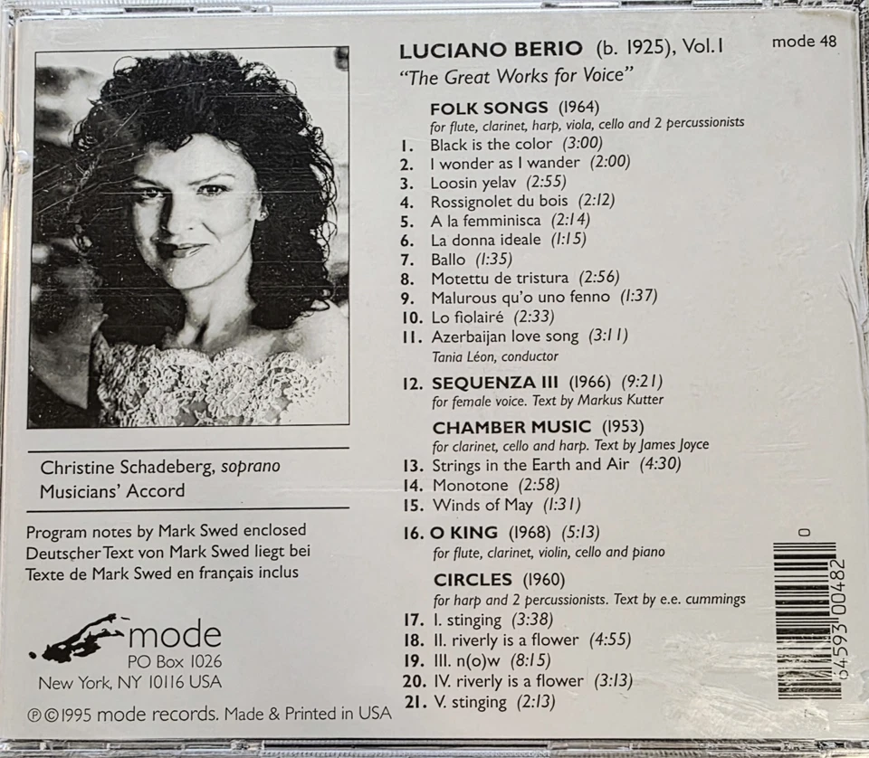 Berio (Christine Schadeberg)–The Great Works for Voice CD, 1995 Mode SEALED! Foto 2 de 2