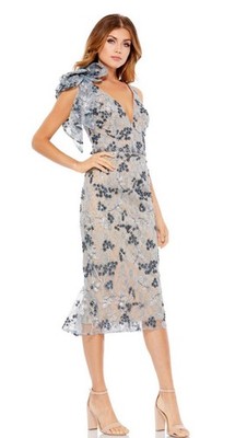 Mac Duggal Floral Embellished V-Neck Midi Dress With Shoulder Bow 79337 Sz 14