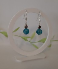 Blue Dragon Agate Balls And Silvery Flat Round Spacer Beaded Drop Earrings