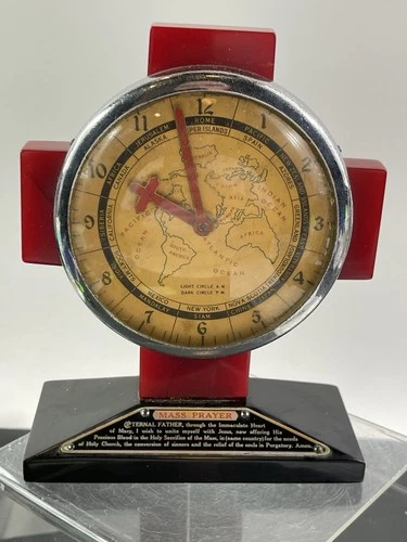 Early 1934 Antique 6-1/2" Carriage Mass Prayer Bakelite World Clock