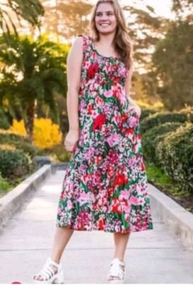 Lesley Evers Smocked Sleeveless Nadia Floral Midi Dress Womens 2X