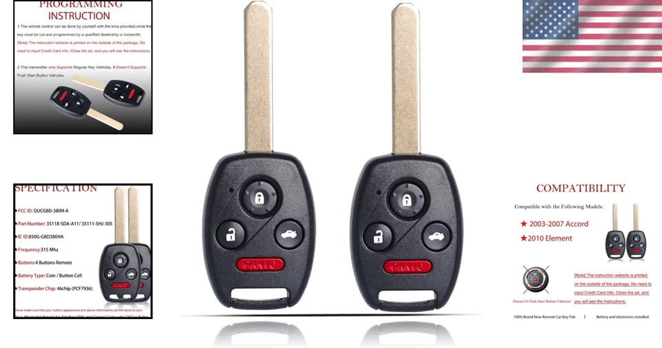 Two Pre-Installed Keyless Entry Remotes for Honda Accord (2003-2007) & Element - Изображение 2 из 4