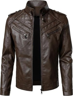 Men's Genuine Leather Jacket Brown Motorcycle Biker Coat Classic Casual Zip Up