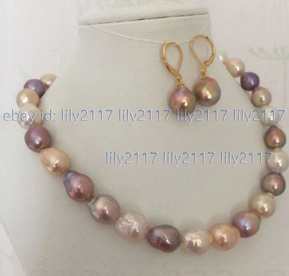 Gorgeous 12-13mm South Sea Baroque Multi-Color Pearl Necklace Earrings Set 14k - Image 2 of 3
