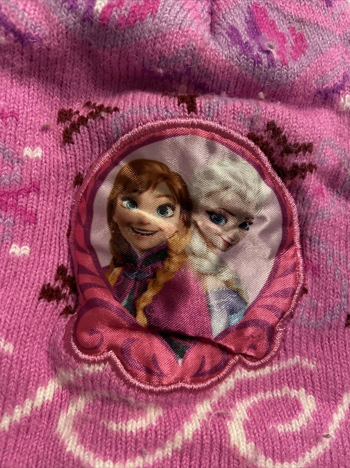 Frozen knit snow ski hat pink anna elsa ear tassle pom warm DISNEY osfa kids - Image 2 of 3