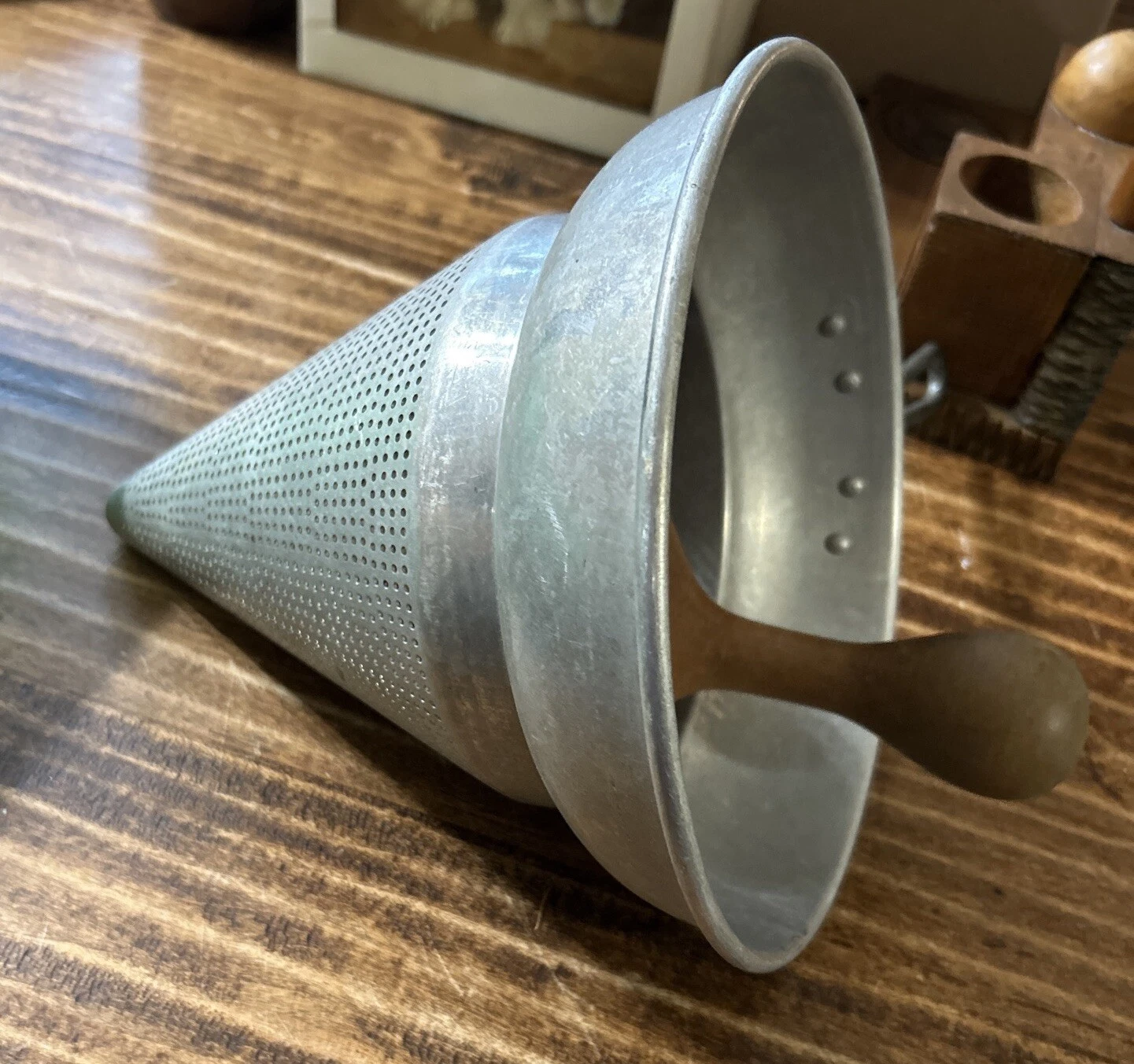 A-8) Vintage #8 "Wear-Ever" Aluminum Cone Colander With Wood Pestle