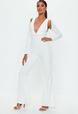 Sexy Overall weiß V-Ausschnitt perforiert ausgestellte Hose Jumpsuit Clubwear Disco 