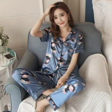 Women's Satin Pyjamas Set Short Sleeve Button-Down Sleepwear Silk Pjs Loungewear