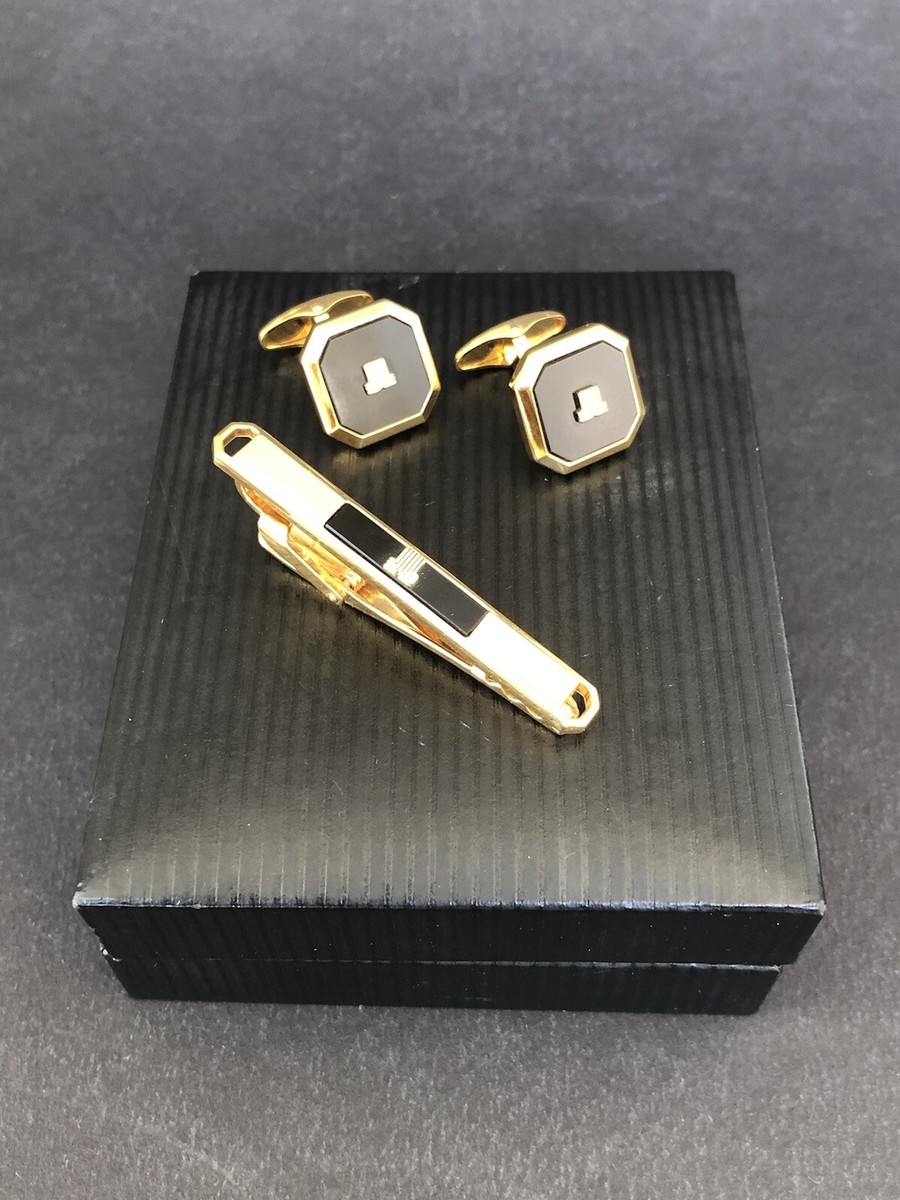 Parure Vintage LANVIN - Boutons De Manchette Et Pince à Cravate - Couleur Doré Et Noir - Occasion