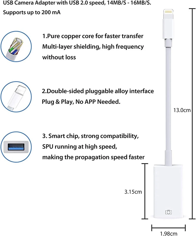 Camera USB Female OTG Connector Adapter Cable For Apple iPhone iPad - Image 4 of 4