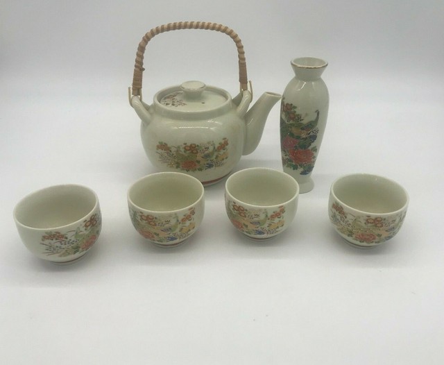 Vintage OMC Asahi Peacock White Porcelain Asian Ginger Jar & Tea Set