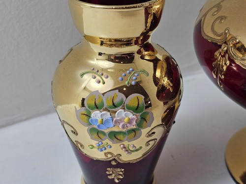 VENETIAN RED MURANO GLASS CANDY DISH W/ LID & TWO VASES TRE FUOCHI CENTERPIECE - Picture 5 of 24