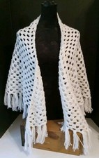 Vintage 70 s White Hand Made Crocheted Shawl Large 67" W By 38" L