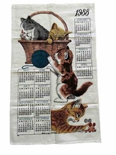 Kay Dee Designs Linen DISH TOWEL 1988 Calendar Cats Kittens in Basket