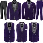 Mens Purple Velvet Vintage 3 Piece Suit Tuxedo Blazer Coat Waistcoat Trouser