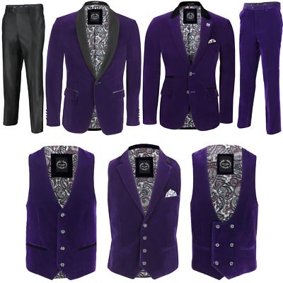Herren Lila Samt Vintage 3-teiliger Anzug Smoking Blazer Mantel Weste Hose