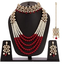 Gold Plated Bridal Long Necklace Set Neck Choker with Earrings & Maang Tikka Red