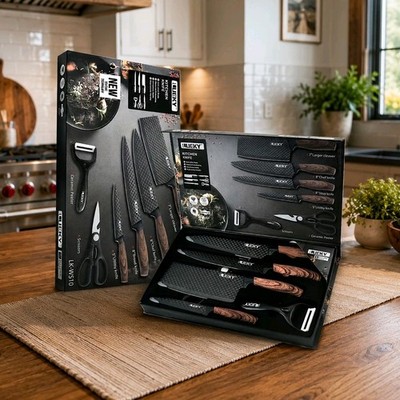 6pc Sharp Stainless Steel Wooden Handle Kitchen Knife Set W/ Peeler And Scissors