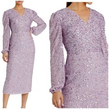 Mac Duggal NWT Purple Sequined Illusion Puff Sleeve V Neck Midi Dress Size 14