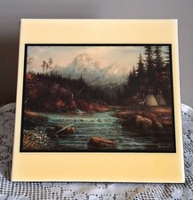 RARE Native American  VEE OLA CORSO Watercolor On Ceramic Tile 8x8 "RIVER CAMP"