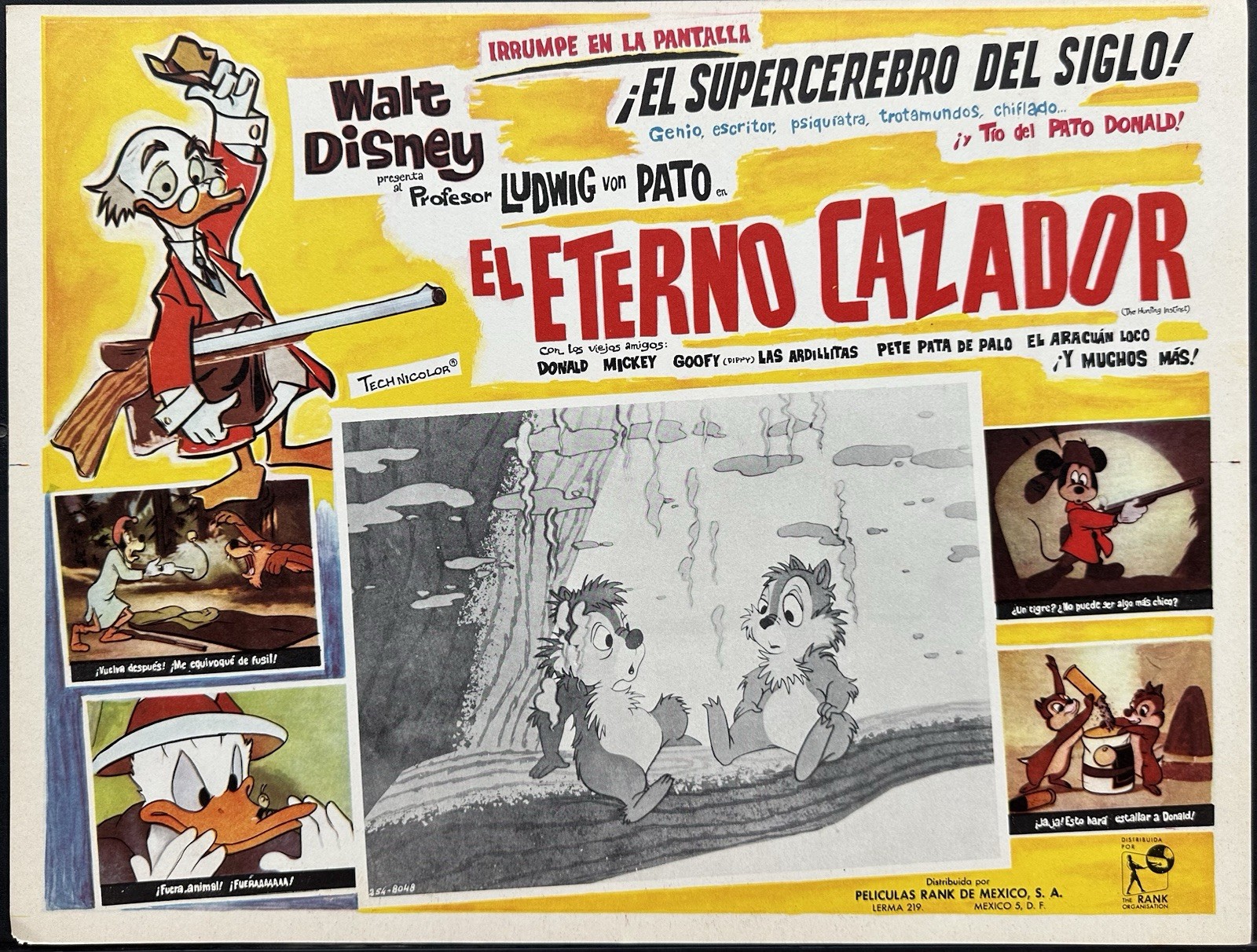 THE HUNTING INSTINT DONALD DUCK WALT DISNEY MEXICAN LOBBY CARD SET 1961 UNUSED