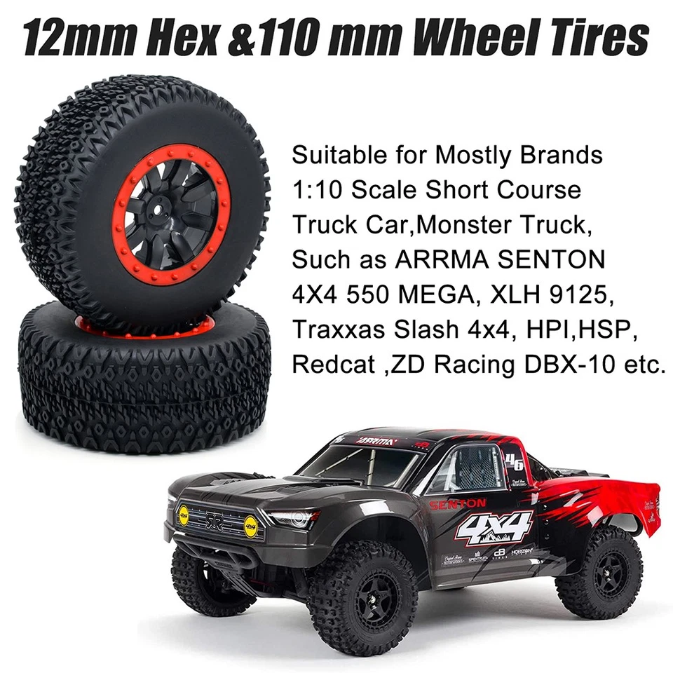4 STÜCKE 110mm RC Auto Gummireifen Felgensatz für 1/10 Short Course Truck ARRMA - Bild 3 von 4