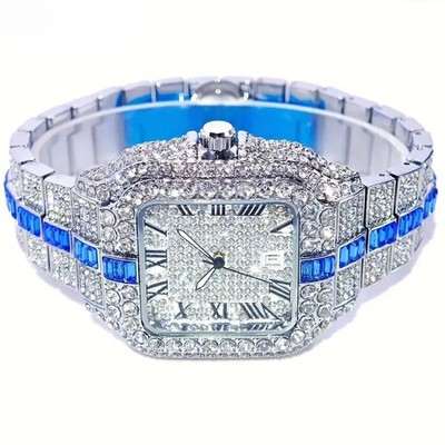 Luxus Square Iced Out Quarzuhr Hip Hop Blau Diamant Armbanduhr Reloj Hombre