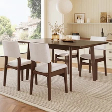 5-Pc Modern Dining Set w/ Rectangular Wood Table & Linen Chairs, Dark Walnut