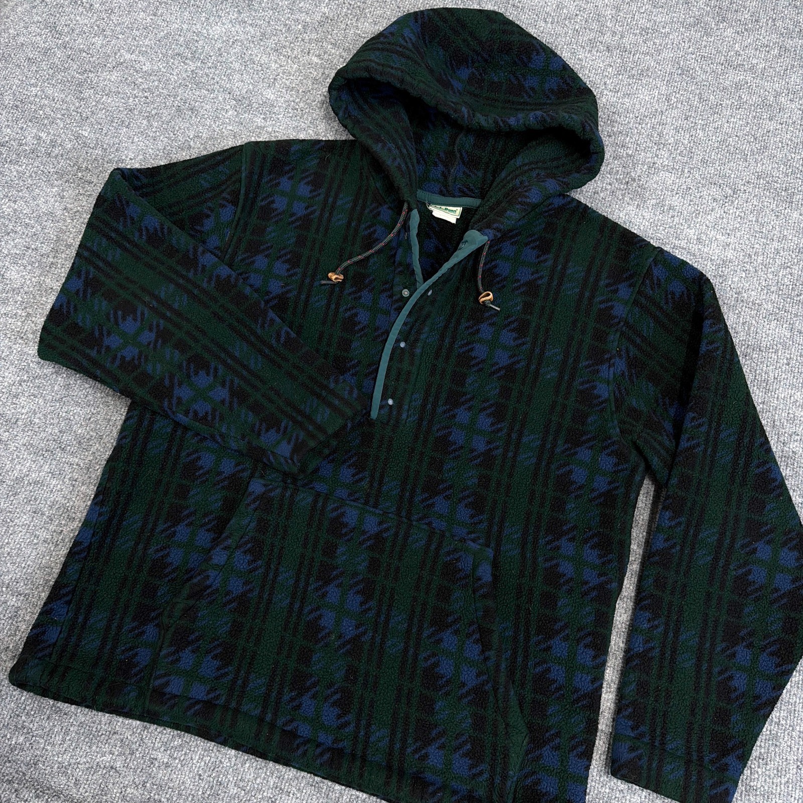 Vintage LL Bean Jacket Womens Large 1/4 Snap Hooded Fleece Pullover Green Plaid