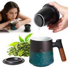 Große Keramik Teetasse 480ml inkl. Sieb & Deckel Bergmotiv Teepott Geschenkset