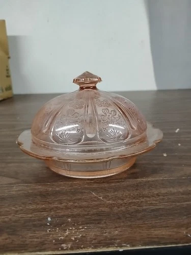 Vintage Jeanette Glass Pink Depression Glass Covered Butter Candy Dish- 3697