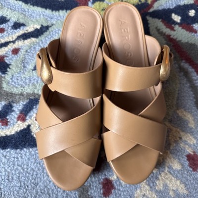 Aerosoles women s Collins Leather Buckle Platform Sandal Ginger/brown 9.5 M EUC