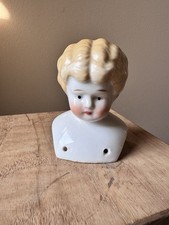 Antique Blonde China Porcelain Head Doll Bust Blue Eyes Porcelain Shoulder Head