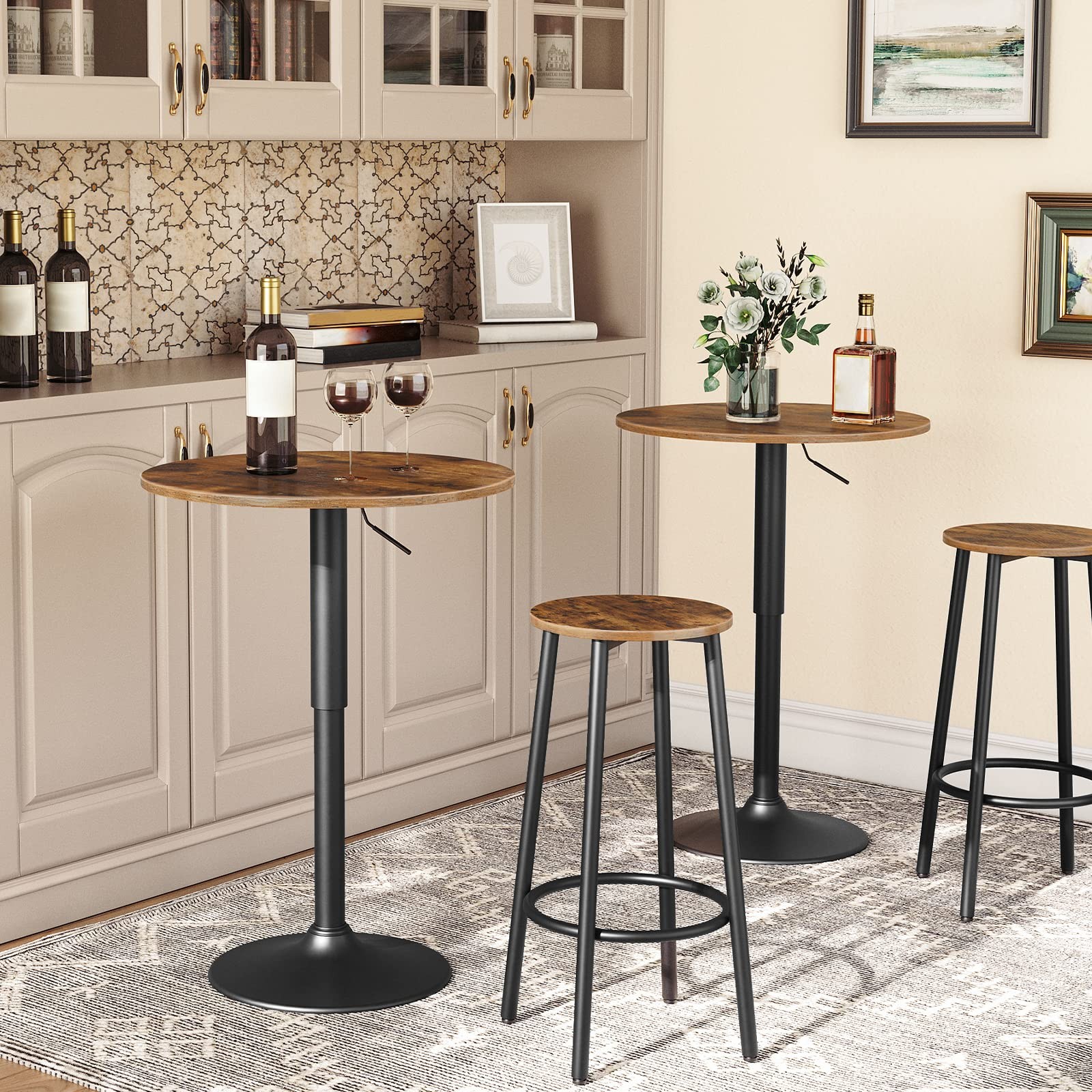 Bar Stools, Set of 2 Bar Chairs, Kitchen Round Height Stools with Footrest, B...