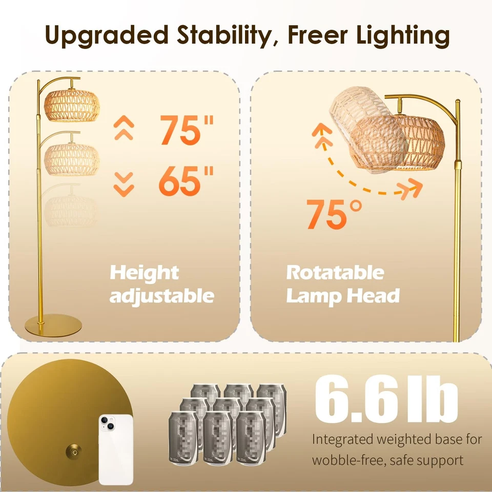Lámpara de pie de ratán boho dorado con control remoto, regulable (2700K - 6000K), 2 en - 1 Wi... Foto 3 de 4