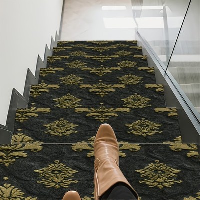 Black Golden Vintage Pattern Stair Mat, Easy to Clean, Slip-resistant and Wear