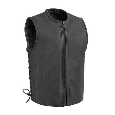 Men Black Premium Leather Motorcycle Vest Side Laces Mesh Lining Bike Waistcoat