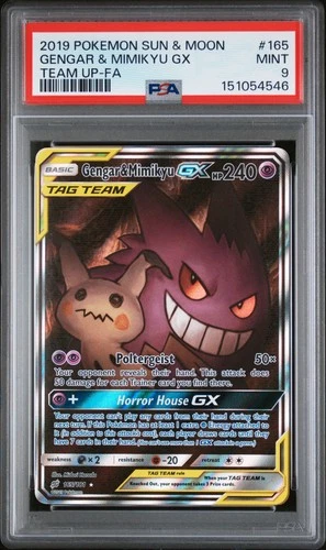 2019 POKEMON SUN & MOON TEAM UP #165 FULL ART/GENGAR & MIMIKYU GX PSA 9