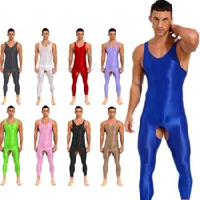 Men Glossy Sleeveless Jumpsuits Stretchy Open Crotch Tights Bodysuit Leotard