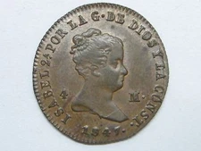1847 GENUINE OLD ISABEL II 4 MARAVEDI JUBIA SPANISH SPAIN COPPER COIN