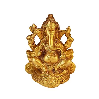Brass Lord Ganesha Sitting with Mouse On Singhasan Idol Statue Figurine 4'' 
