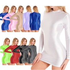 Womens Oil Glossy Long Sleeve Bodycon Dress Solid Color Stretchy Shinny Dresses