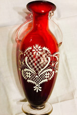 Stunning Victorian RUBY GLASS Bohemian Lace Enamel Double Handle Vase 7.5”