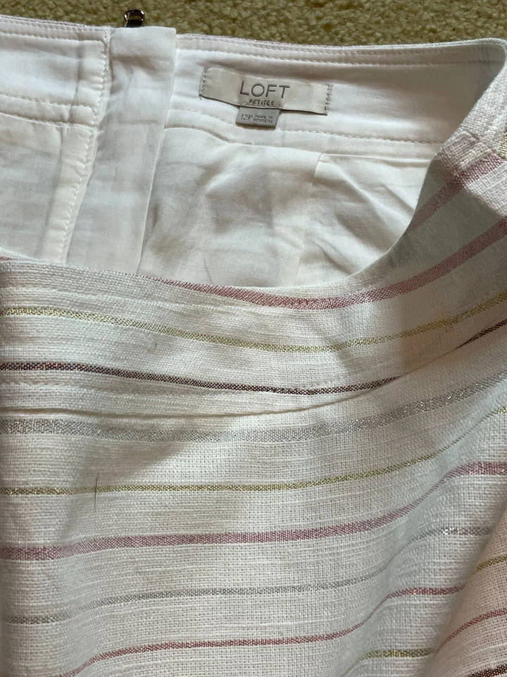 Minifalda corta Ann Taylor Loft marfil dorado rosa a rayas de lino línea A 12P Foto 4 de 4