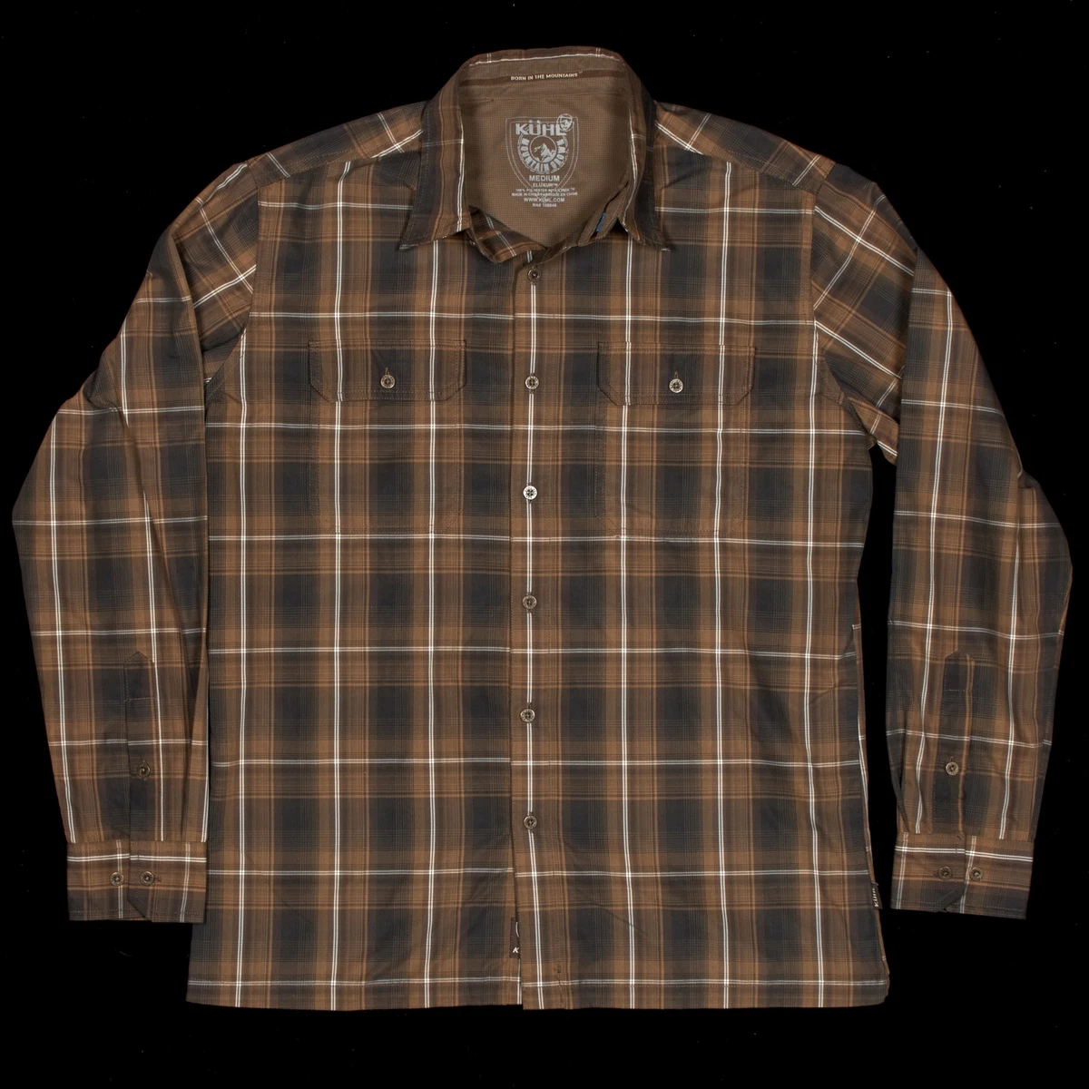 Kuhl Shirt Mens Medium Cedar Brown Ash Shadow Plaid Eluxur Polyester Hiking