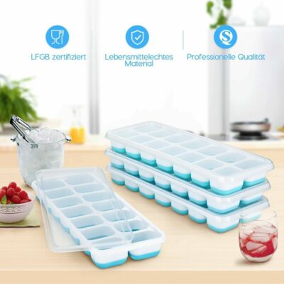 4x Eiswürfelform Silikon mit Deckel Eiswürfelbehälter Ice Tray Eis Cube Maker